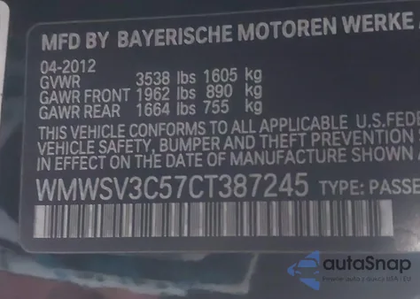 2012 Mini Cooper S из США, поврежденный, VIN WMWSV3C57CT387245